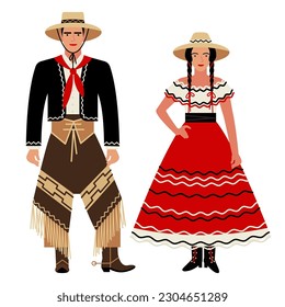 girl and young man in an Argentine folk costume isolated on a white background. young couple in the national traditional clothes of Argentina. flat drawing in cartoon style. vector illustration EPS 10