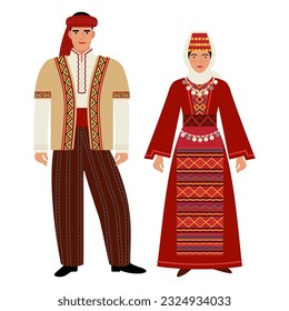 girl and young man in an Armenian folk costume isolated on a white background. couple of young people in the national traditional clothes of Armenia. flat drawing in cartoon style. stock vector EPS 10