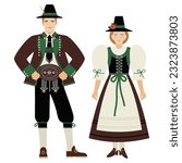 girl and young man in Austrian folk costume isolated on a white background. couple of young people in the national traditional clothes of Austria. flat drawing in cartoon style. stock vector EPS 10.