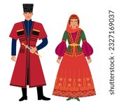 girl and young man in Azerbaijani folk costume isolated on a white background. couple of young people in the national traditional clothes of Azerbaijan. flat drawing in cartoon style. vector EPS 10.