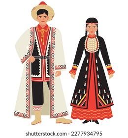 girl and young man in Bashkir folk costume isolated on a white background. young couple in traditional national clothes of Bashkortostan. flat drawing in cartoon style. stock vector illustration. EPS