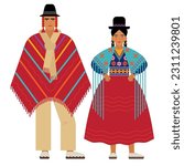 girl and young man in Bolivian folk costume isolated on a white background. couple of young people in the national traditional clothes of Bolivia. flat drawing in cartoon style. stock vector EPS 10.