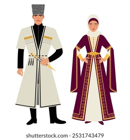 a girl and a young man in Chechen folk costumes on a white background. a young couple in the traditional national dress of Chechnya. a flat drawing. stock vector illustration. EPS 10.