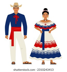 girl and young man in Costa Rican folk costume isolated on a white background. couple of young people in the national traditional clothes of Costa Rica. flat drawing in cartoon style. stock vector EPS