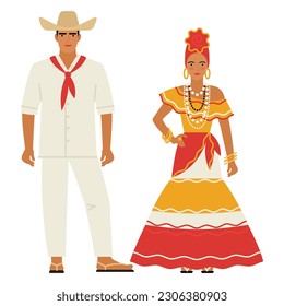 muchacha y joven con traje folclórico cubano aislado de fondo blanco. pareja joven vestida con la ropa tradicional nacional de Cuba. dibujo plano al estilo de las caricaturas. ilustración vectorial de stock. EPS 10.