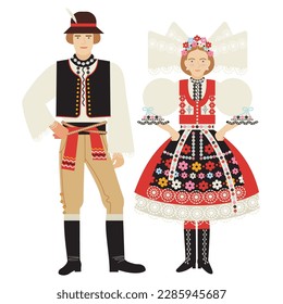 muchacha y joven con traje folclórico checo aislado de fondo blanco. pareja joven vestida con la ropa tradicional nacional de la República Checa, Eslovaquia, Moravia. dibujo plano al estilo de las caricaturas. EPS 