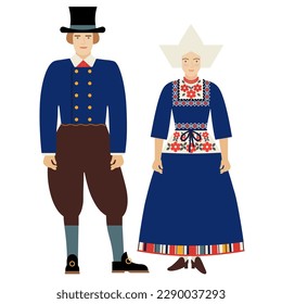 muchacha y joven con traje folclórico holandés aislado en un fondo blanco. pareja joven vestida con ropa tradicional holandesa. dibujo plano al estilo de las caricaturas. ilustración vectorial. EPS 10.