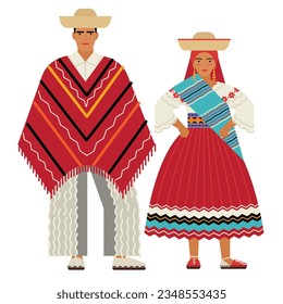 muchacha y joven con un disfraz popular ecuatoriano aislado en un fondo blanco. un par de jóvenes vestidos con la ropa tradicional nacional de Ecuador. dibujo plano al estilo de las caricaturas. EPS vectorial de serie