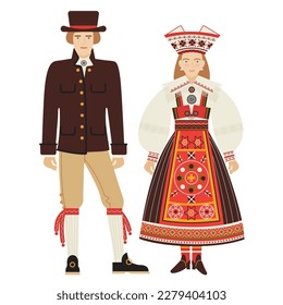 niña y joven con traje nacional estonio aislado de fondo blanco. pareja joven con ropa tradicional estonia. dibujo plano al estilo de las caricaturas. ilustración vectorial de stock. EPS 10.