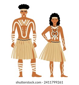 girl and young man in folk Australian costume, isolated on white background. young couple in the traditional national dress of Australia and Oceania. flat cartoon-style drawing. stock vector EPS 10