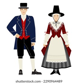 girl and young man in folk English costume isolated on a white background. young couple in the national traditional clothes of England. flat drawing in cartoon style. stock vector illustration. EPS 10