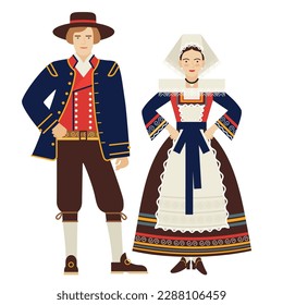 muchacha y joven con traje folclórico francés aislado en un fondo blanco. pareja joven vestida con la ropa nacional tradicional de Francia. dibujo plano al estilo de las caricaturas. ilustración vectorial. EPS 10.