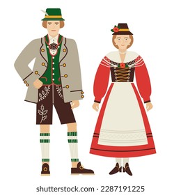 girl and young man in a folk German costume isolated on a white background. young couple in the traditional national dress of Germany. flat drawing in cartoon style. vector illustration. EPS 10.