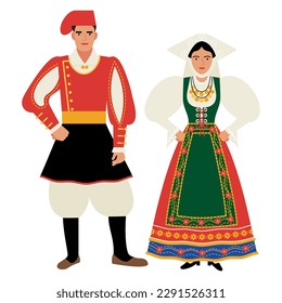 girl and young man in folk Italian costume isolated on a white background. young couple in the national traditional clothes of Italy. flat drawing in cartoon style. stock vector illustration. EPS 10.