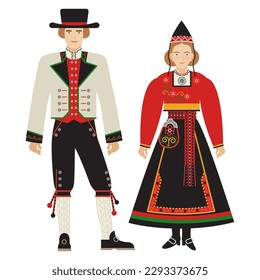 muchacha y joven con traje folk noruego aislado de fondo blanco. pareja joven vestida con la ropa nacional tradicional de Noruega. dibujo plano al estilo de las caricaturas. ilustración vectorial de stock EPS 10