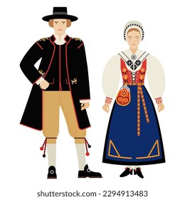 Mädchen und junger Mann in einem volkstümlichen schwedischen Kostüm einzeln auf weißem Hintergrund. junges Paar in der nationalen traditionellen Kleidung von Schweden. Flachzeichnung im Cartoon-Stil. Stock-Vektorgrafik EPS10