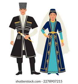 girl and young man in a Georgian folk costume isolated on a white background. young couple in the traditional national clothes of Georgia and the Caucasus. flat drawing. stock vector illustration. EPS