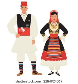 muchacha y joven con traje folclórico griego aislados en un fondo blanco. pareja joven con el traje nacional tradicional de Grecia. dibujo plano al estilo de las caricaturas. ilustración vectorial. EPS 10.