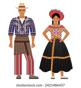 girl and young man in Guatemalan folk costume, isolated on white background. young couple in traditional Guatemalan national dress. flat cartoon-style drawing. stock vector illustration. EPS 10.