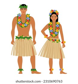 muchacha y joven con traje de folk hawaiano aislados en un fondo blanco. un par de jóvenes vestidos con la ropa nacional tradicional de Hawaii. dibujo plano al estilo de las caricaturas. EPS vectorial 10.