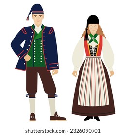 muchacha y joven con traje de folk islandés aislado con un fondo blanco. un par de jóvenes vestidos con la ropa nacional tradicional de Islandia e Irlanda. dibujo plano al estilo de las caricaturas. EPS 10.