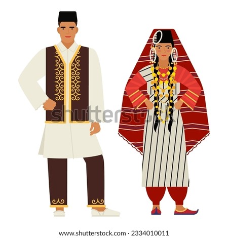 girl and young man in Libyan folk costume isolated on a white background. couple of young people in the national traditional clothes of Libyan. flat drawing in cartoon style. stock vector EPS 10. Сток-фото © 