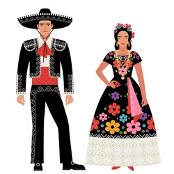 Girl And Young Man In Mexican Folk Costume Isolated On A White Background. Young Couple In The National Traditional Clothes Of Mexico. Flat Drawing In Cartoon Style. Stock Vector Illustration. EPS 10.