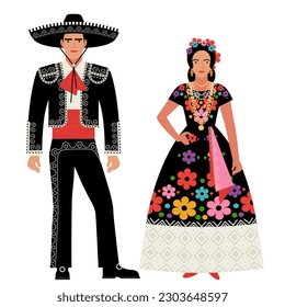 muchacha y joven con traje folclórico mexicano aislados en un fondo blanco. pareja joven vestida con la ropa tradicional nacional de México. dibujo plano al estilo de las caricaturas. ilustración vectorial de stock. EPS 10.