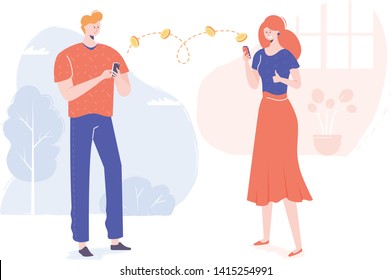 Girl and young man with mobile phones. Transfer money through mobile app using the online service of the Bank. Flat iluustration of people