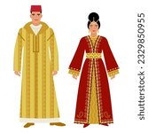 girl and young man in Moroccan folk costume isolated on white background. couple of young people in the national traditional dress of Morocco. flat illustration in cartoon style. stock vector EPS 10.