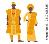 girl and young man in Nigerian folk costumes isolated on a white background. couple of young people in the national traditional clothes of Nigeria. flat drawing in cartoon style. stock vector EPS 10.