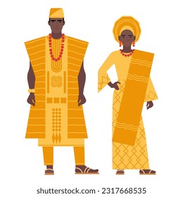 girl and young man in Nigerian folk costumes isolated on a white background. couple of young people in the national traditional clothes of Nigeria. flat drawing in cartoon style. stock vector EPS 10.