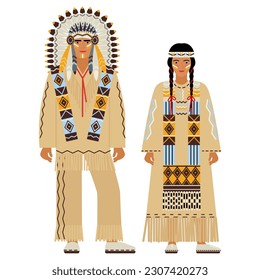 girl and young man in North American Indian costume isolated on a white background. young couple of people in traditional folk clothing of the Indians of North America. flat drawing in cartoon style. 