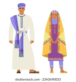 girl and young man in Omani folk costume stand out against a white background. national traditional dress of the Sultanate of Oman. flat drawing in cartoon style. stock vector illustration. EPS 10.