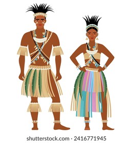 girl and young man in Papua New Guinea folk costume, isolated on a white background. young couple in the traditional national dress of Papua New Guinea. flat cartoon-style drawing. stock vector EPS 10