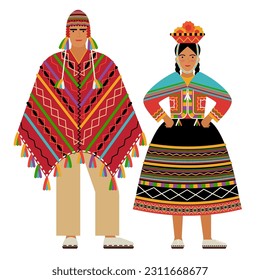 girl and young man in Peruvian folk costume isolated on a white background. couple of young people in the national traditional clothes of Peru. flat drawing in cartoon style. stock vector EPS 10.