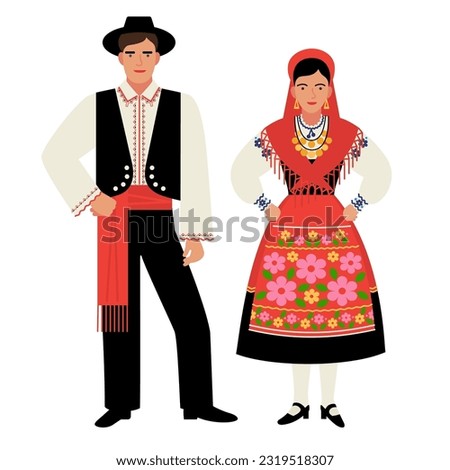 girl and young man in Portuguese folk costume isolated on a white background. couple of young people in the national traditional clothes of Portugal. flat drawing in cartoon style. stock vector EPS 10