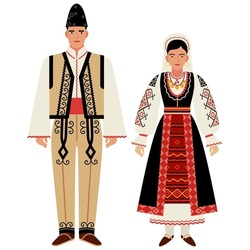 Girl And Young Man In Romanian Folk Costumes Isolated On White Background. Couple Of Young People In The National Traditional Clothes Of Romania. Flat Drawing In Cartoon Style. Stock Vector EPS 10.