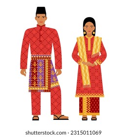 girl and young man in Singaporean folk costume isolated on a white background. couple of young people in the national traditional clothes of Singapore, Malaysia. flat drawing in cartoon style. EPS 10 