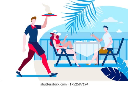 A girl and a young man are sitting at a table in a cafe on the beach. Template for a horizontal banner. Illustration on the theme of summer holidays.