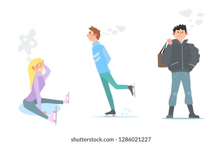Girl and young man skating, winter activities vector Illustration, warmly dressed people vector Illustration