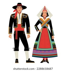 chica y joven con traje folclórico español. pareja joven vestida con la ropa nacional tradicional de España. dibujo plano al estilo de las caricaturas. ilustración vectorial. EPS 10.