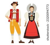 girl and young man in Swiss folk costume isolated on a white background. couple of young people in the national traditional clothes of Switzerland. flat drawing in cartoon style. stock vector EPS 10.