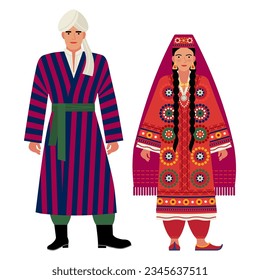 girl and young man in Tajik folk costume isolated on white background. couple of young people in the national traditional clothes of Tajikistan. flat drawing in cartoon style. stock vector EPS 10.