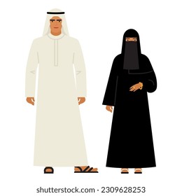 muchacha y joven con el traje tradicional de los Emiratos Árabes aislados en un fondo blanco. gente con el traje nacional de Arabia Saudita, EAU. dibujo plano al estilo de las caricaturas. EPS vectorial de stock 10