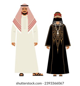 muchacha y joven con traje tradicional de Arabia Saudita aislado con antecedentes blancos. personas vestidas con ropa nacional de Arabia Saudita, Emiratos Árabes Unidos, Kuwait. dibujo plano al estilo de las caricaturas. EPS vectorial de stock 10