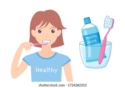 Girl or young woman brushing teeth, toothbrush and toothpaste in a cup isolated cartoon flat vector illustration.