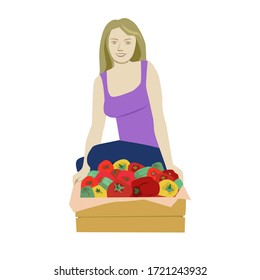 Girl, a young woman with a crop. A box of ripe tomatoes, cucumbers, peppers. Vector illustration. Isolated on a white background.