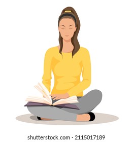 Girl, Young Woman Enjoy Reading Book, Textbook. Female Sitting In Lotus Position On Floor Turn Page Look At Text, Picture. Reader With Literature. Student Read On White Background. Vector Illustration