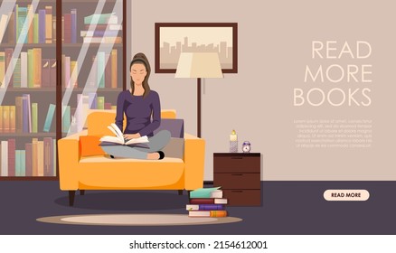 Girl, Young Woman Enjoy Reading Book, Literature, Textbook In Room, Indoor. Female Sit In Lotus Position On Sofa Turn Page Look Text, Picture. Online Library Concept, App, Service. Vector Illustration